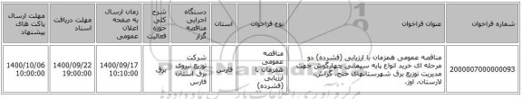مناقصه عمومی همزمان با ارزیابی (فشرده) دو مرحله ای خرید انواع پایه سیمانی چهارگوش جهت مدیریت توزیع برق شهرستانهای خنج، گراش، لارستان، اوز،