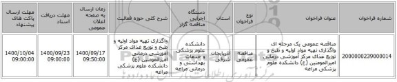 مناقصه عمومی یک مرحله ای واگذاری تهیه مواد اولیه و طبخ و توزیع غذای مرکز آموزشی درمانی امیرالمومنین (ع) دانشکده علوم پزشکی مراغه