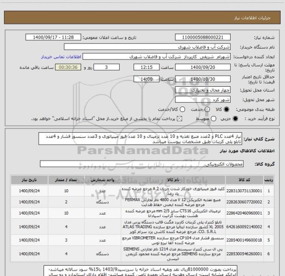 استعلام نیاز 4عدد PLC و 2عدد منبع تغذیه و 10 عدد ترمینال و 10 عدد فیوز مینیاتوری و 3عدد سنسور فشار و 4عدد تابلو پلی کربنات طبق مشخصات پیوست میباشد 