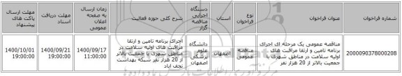 مناقصه عمومی یک مرحله ای اجرای برنامه تامین و ارتقا مراقبت های اولیه سلامت در مناطق شهری با جمعیت بالاتر از 20 هزار نفر 