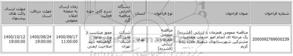 مناقصه عمومی همزمان با ارزیابی (فشرده) یک مرحله ای انجام امور خدمات متقاضیان مشترکین شهرستانهای شهریار ملارد رباط کریم