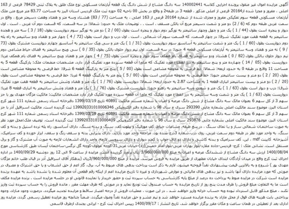 آگهی مزایده سه دانگ مشاع از شش دانگ یک قطعه آپارتمان مسکونی