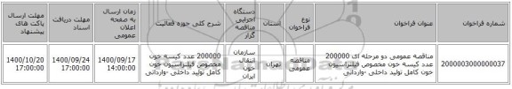 مناقصه عمومی دو مرحله ای 200000 عدد کیسه خون مخصوص فیلتراسیون خون کامل تولید داخلی -وارداتی