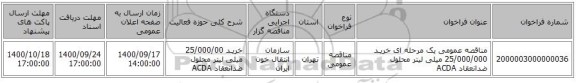مناقصه عمومی یک مرحله ای خریـد 25/000/000 میلی لیتر محلول ضدانعقاد ACDA 