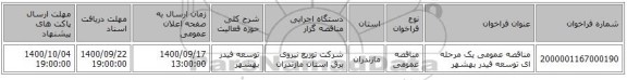 مناقصه عمومی یک مرحله ای توسعه فیدر 	بهشهر