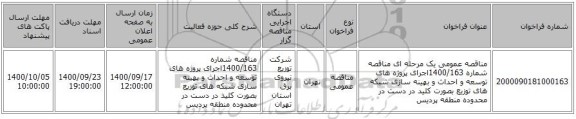مناقصه عمومی یک مرحله ای مناقصه شماره 1400/163اجرای پروژه های توسعه و احداث و بهینه سازی شبکه های توزیع بصورت کلید در دست در محدوده  منطقه پردیس
