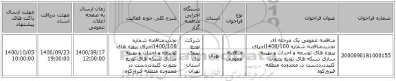 مناقصه عمومی یک مرحله ای تجدیدمناقصه شماره 1400/100اجرای پروژه های توسعه و احداث و بهینه سازی شبکه های توزیع بصورت کلیددرددست در محدوده منطقه فیروزکوه