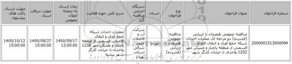 مناقصه عمومی همزمان با ارزیابی (فشرده) دو مرحله ای عملیات احداث شبکه جمع آوری و انتقال فاضلاب قسمتی از منطقه پاچنار و مسکن مهر 1232 واحدی تا خیابان کارگر شهر 