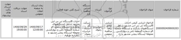 فراخوان ارزیابی کیفی احداث 8ایستگاه تی بی اس مشهد شامل ایستگاههای بازنگری و ایستگاه شماره 4و شماره 5منطقه ثامن و دیوارکشی محوطه ایستگاه پنجتن مشهد و زع