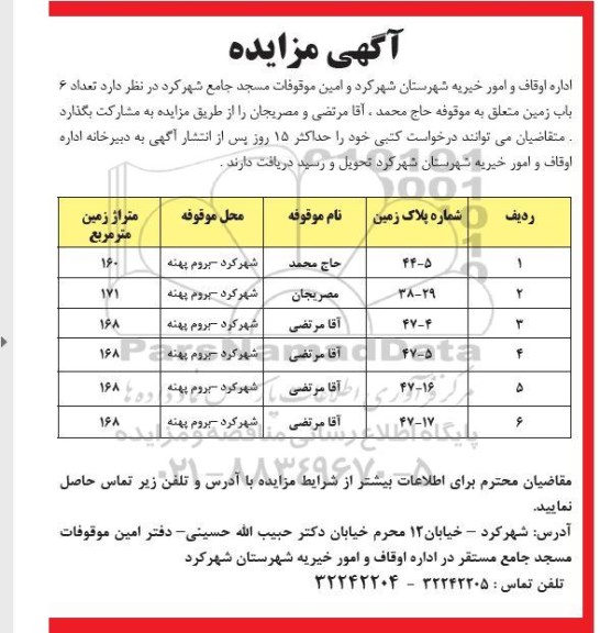 مزایده تعداد 6 باب زمین