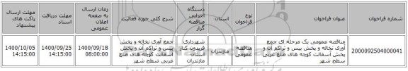 مناقصه عمومی یک مرحله ای جمع آوری نخاله و پخش بیس و تراکم آن و پخش آسفالت کوچه های ضلع غربی سطح شهر  