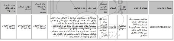 مناقصه عمومی یک مرحله ای اجرای دستمزدی 148 واحدی مسکونی با سازه قالب تونلی بتن آرمه و تکمیل طراحی