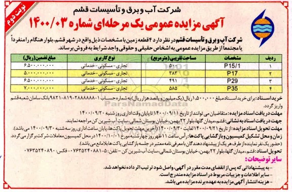 مزایده،مزایده فروش 4 قطعه زمین کاربری تجاری و مسکونی و خدمانی نوبت دوم