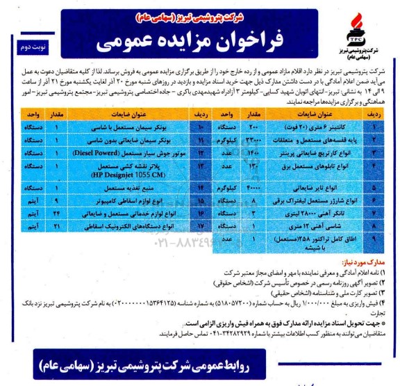 فراخوان مزایده عمومی, فراخوان مزایده کانتینتر 6 متری و ...- نوبت دوم