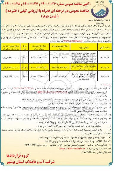 مناقصه عملیات اجرایی تکمیلی خط انتقال آب .... نوبت دوم 
