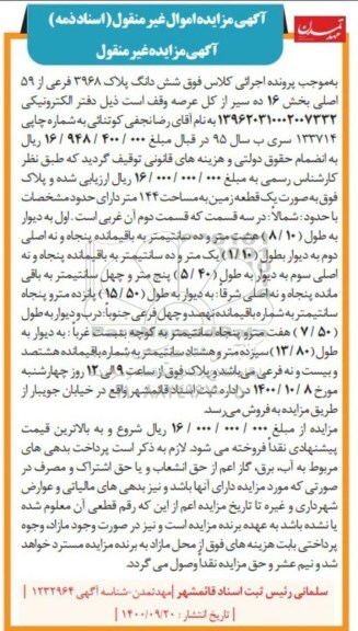 مزایده،مزایده ششدانگ پلاک 3968 فرعی از 59 اصلی