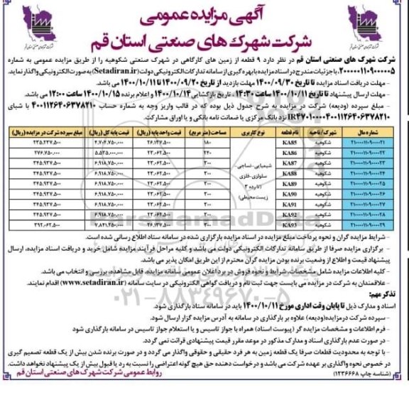 مزایده 9 قطعه از زمینهای کارگاهی 