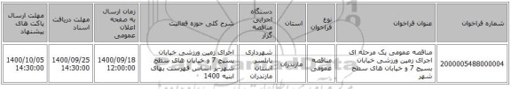 مناقصه عمومی یک مرحله ای اجرای زمین ورزشی خیابان بسیج 7 و خیابان های سطح شهر