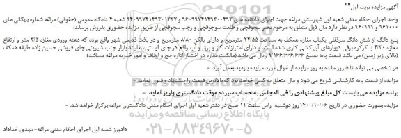 مزایده فروش شش دانگ سرقفلی یکباب مغازه