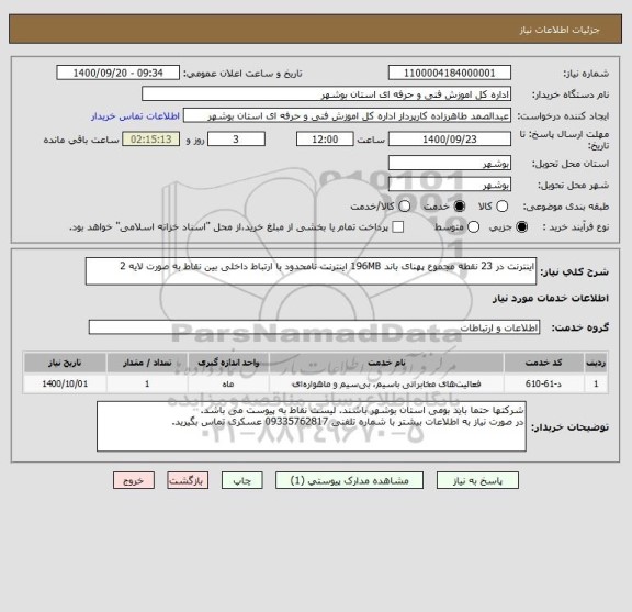 استعلام اینترنت در 23 نقطه مجموع پهنای باند 196MB اینترنت نامحدود با ارتباط داخلی بین نقاط به صورت لایه 2