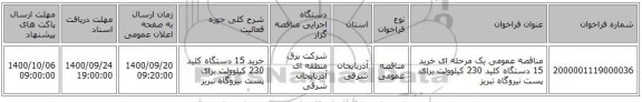 مناقصه عمومی یک مرحله ای خرید 15 دستگاه کلید 230 کیلوولت برای پست نیروگاه تبریز
