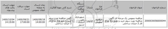 مناقصه عمومی یک مرحله ای آگهی مناقصه نوبت سوم خرید و نصبو پایه چراغ فاز 2 خیابان ساحلی 