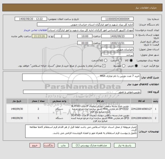 استعلام خرید 7 عدد دوربین با نام تجاری MNA