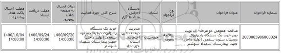 مناقصه عمومی دو مرحله ای  نوبت دوم خرید یک دستگاه رادیولوژی دیجیتال ستون سقفی (تولید داخل)  جهت بیمارستان شهداء شوشتر   