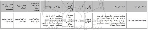 مناقصه عمومی یک مرحله ای نوبت سوم ساخت 4 باب اتاقک ساندویچ پنل جهت هواسازهای بخشهای بستری  بیمارستان شهید مصطفی خمینی(ره) بهبهان