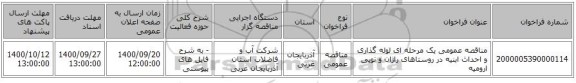 مناقصه عمومی یک مرحله ای لوله گذاری و احداث ابنیه در روستاهای راژان و نویی ارومیه 