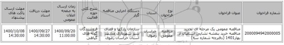 مناقصه عمومی یک مرحله ای تجدید مناقصه خرید بنفشه نشایی استقبال از بهار1401 (دفترچه شماره سه)