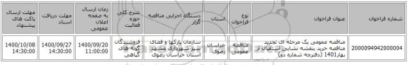 مناقصه عمومی یک مرحله ای تجدید مناقصه خرید بنفشه نشایی استقبال از بهار1401 (دفترچه شماره دو)