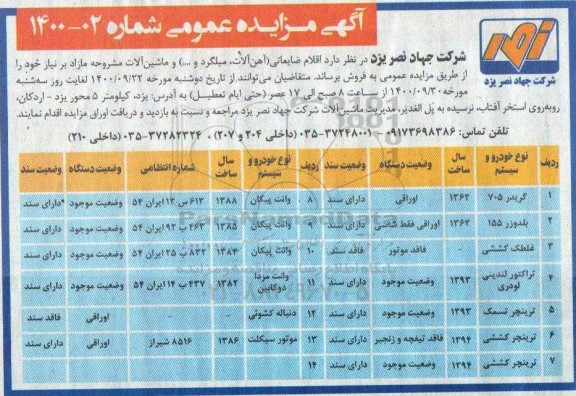 مزایده، مزایده فروش اقلام ضایعاتی (آهن آلات، میلگرد و...) و ماشین آلات