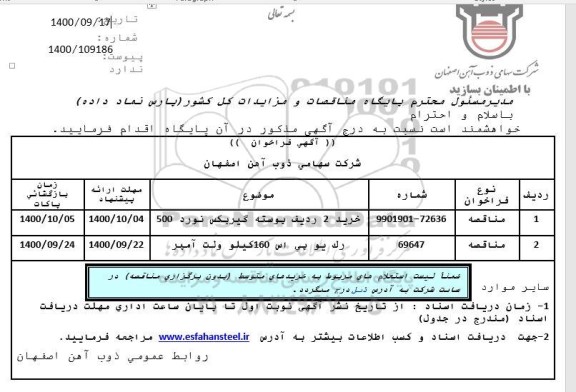 مناقصه خرید 2 ردیف پوسته گیربکس نورد 500 و  ...