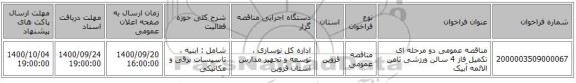 مناقصه عمومی دو مرحله ای تکمیل فاز 4 سالن ورزشی ثامن الائمه آبیک