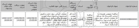 مناقصه عمومی همزمان با ارزیابی (فشرده) یک مرحله ای عملیات  اجرائی  دیوار  حایل  و تکمیل  فنداسیون  ساختمان  مرکز  اموزش هتلداری  و  گردشگری  شیراز