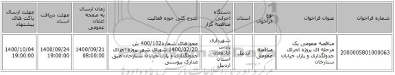 مناقصه عمومی یک مرحله ای  پروژه اجرای جدولگذاری و پازل خیابان ستارخان