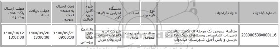مناقصه عمومی یک مرحله ای تکمیل نواقصات تامین آب آشامیدنی روستاهای بیوک بلاغ ، آت درسی و باش آچیق شهرستان میاندوآب