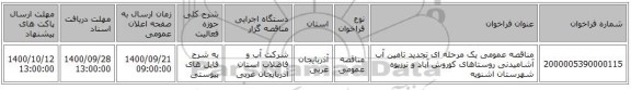 مناقصه عمومی یک مرحله ای تجدید تامین آب آشامیدنی روستاهای کوروش آباد و نرزیوه شهرستان اشنویه