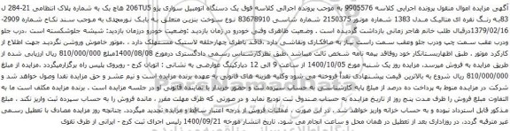 آگهی مزایده یک دستگاه اتومبیل سواری پژو 206TU5 هاچ بک