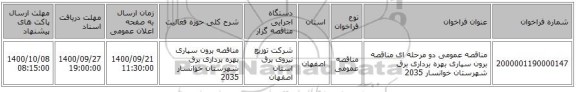 مناقصه عمومی دو مرحله ای مناقصه برون سپاری بهره برداری برق شهرستان خوانسار 2035
