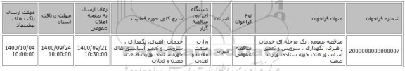 مناقصه عمومی یک مرحله ای خدمات راهبری، نگهداری ، سرویس و تعمیر آسانسور های حوزه ستادی وزارت صمت