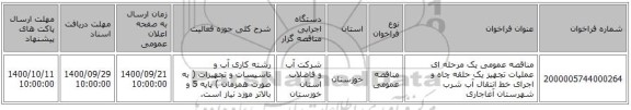 مناقصه عمومی یک مرحله ای عملیات تجهیز یک حلقه چاه و اجرای خط انتقال آب شرب شهرستان آغاجاری