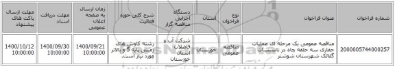 مناقصه عمومی یک مرحله ای عملیات حفاری سه حلقه چاه در تاسیسات گلالک شهرستان شوشتر