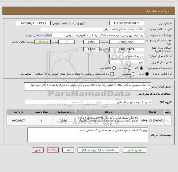 استعلام ضد زنگ طوسی در گالن های 4 کیلویی به تعداد 50 حلب و تینر روغنی 20 لیتری به تعداد 5 گالن مورد نیاز است.