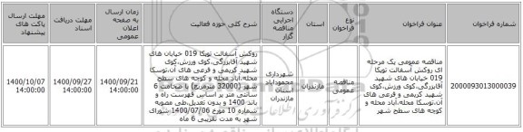 مناقصه عمومی یک مرحله ای روکش آسفالت توپکا 019 خیابان های شهید آقابزرگی،کوی ورزش،کوی شهید کریمی و فرعی های آن،توسکا محله،آباد محله و کوچه های سطح شهر 