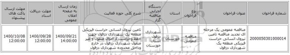 مناقصه عمومی یک مرحله ای تجدید مناقصه تامین نیروی انسانی حراست فیزیکی منطقه یک شهرداری دزفول