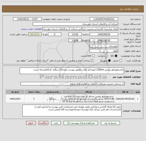 استعلام ترانسفورماتور روغنی 125kva ازنوع کم تلفات مطابق پیوست بتعداد5دستگاه. کدکالامشابه است.