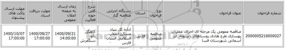 مناقصه عمومی یک مرحله ای اجرای عملیات بهسازی طرح هادی روستاهای دستجه، آب آسمانی شهرستان فسا