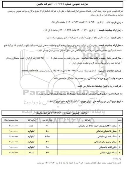 مزایده، مزایده مخزن 1200 لیتری پلی اتیلن حفاظ دار ضایعاتی ....